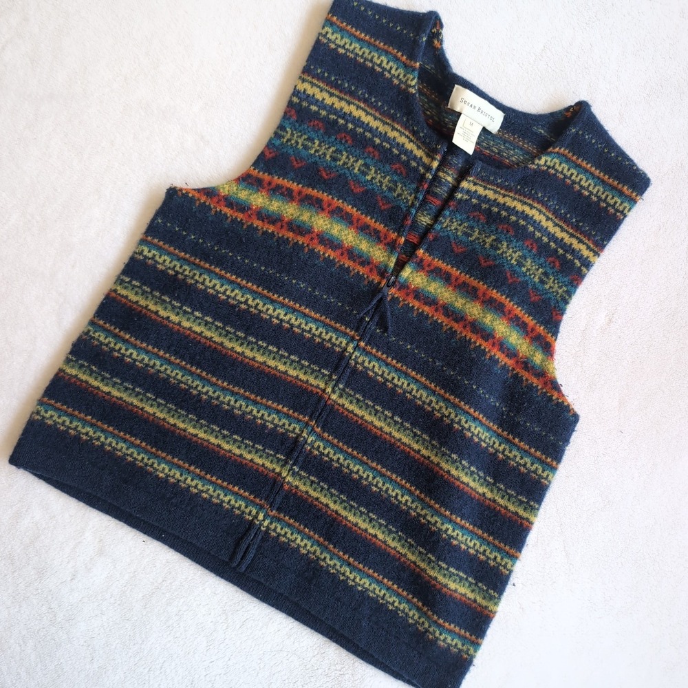 Vintage y2k Susan Bristol Lambswool Sweater Vest Women Med Fair Isle Full Zip